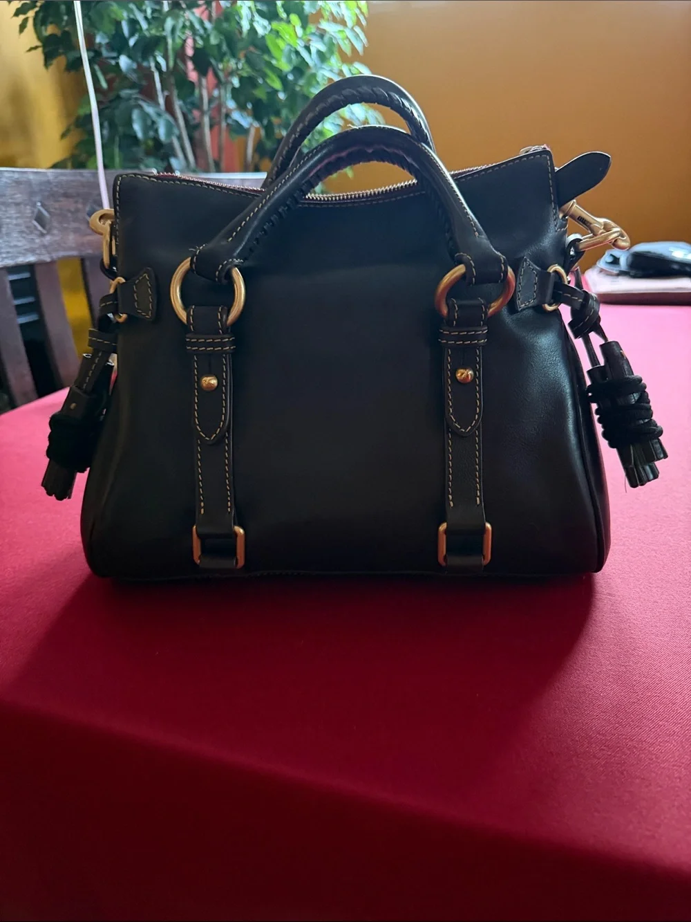 Dooney & Bourke Brown Tomro REGULAR Satchel with Gold Hardware and Red Trim